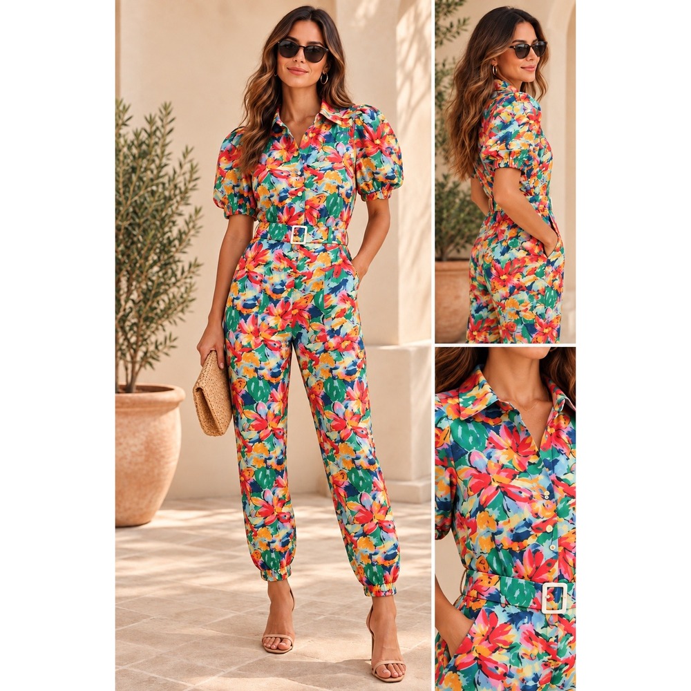 Elliatt Cassidy Floral Jumpsuit Multicolor Linen Belt (MSRP: $240) Medium